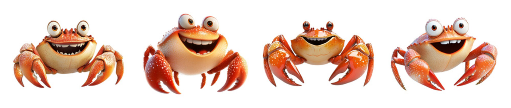 Set of smiling cartoon crabs with cheerful expressions, isolated on transparent background, Cutout PNG