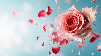 A beautiful pastel pink rose surrounded by falling petals, captured mid-air against a soft blue background that radiates tranquility and elegance, perfect for any romantic occasion.