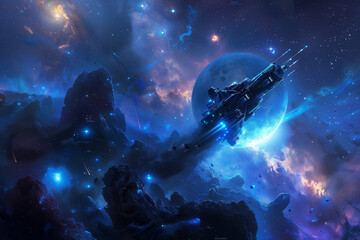 Naklejka premium A spaceship navigating through colorful cosmic clouds and distant stars.