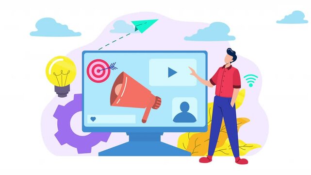 Digital Marketing strategies with 2D character animation. Characters create ads, manage social media campaigns, target audiences, and analyze marketing data. marketing and advertising activities.