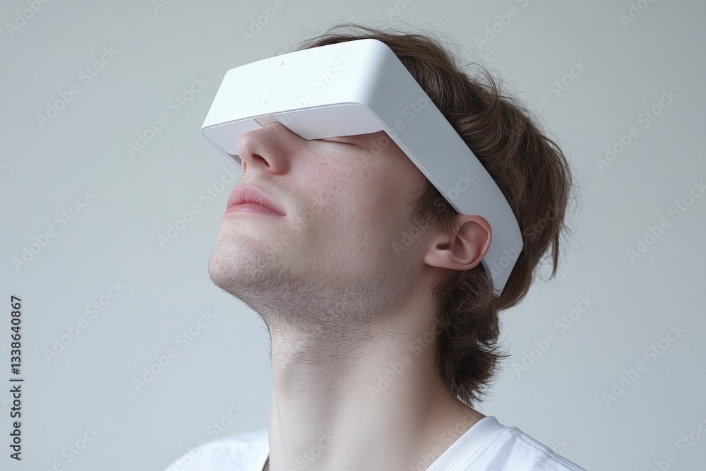 Poster innovative technology enhances virtual experiences for a young man using a headset in a modern setti