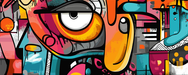 Colorful abstract street art mural featuring large eye and geometric shapes.