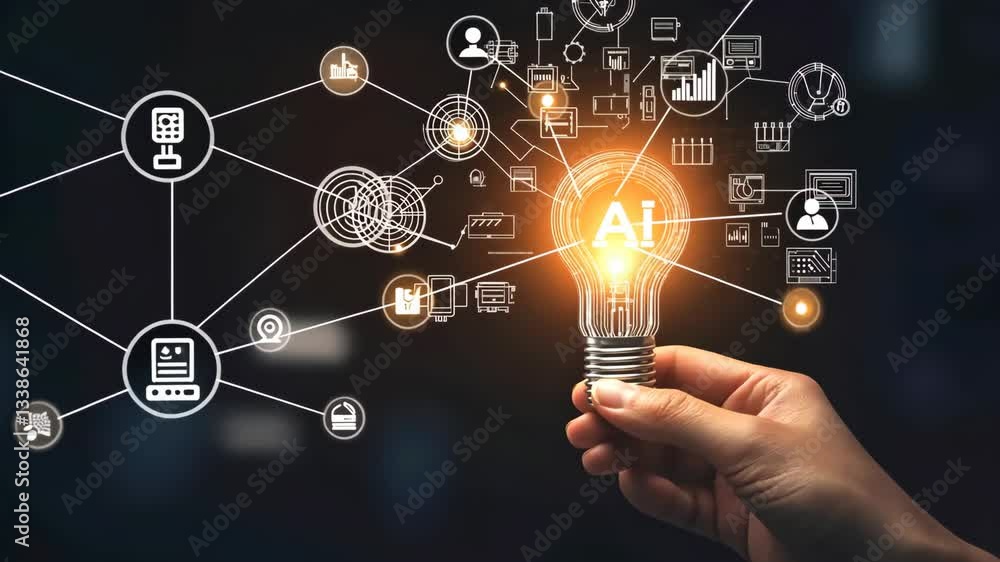 Poster a hand holds a glowing light bulb symbolizing innovative ideas, with various technology and business