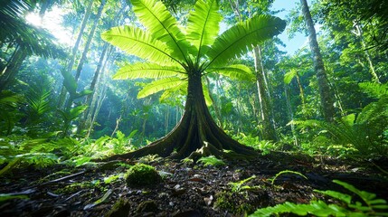 Fototapeta premium Lush Green Rainforest with Sunlight Illuminating a Large Tree Fern