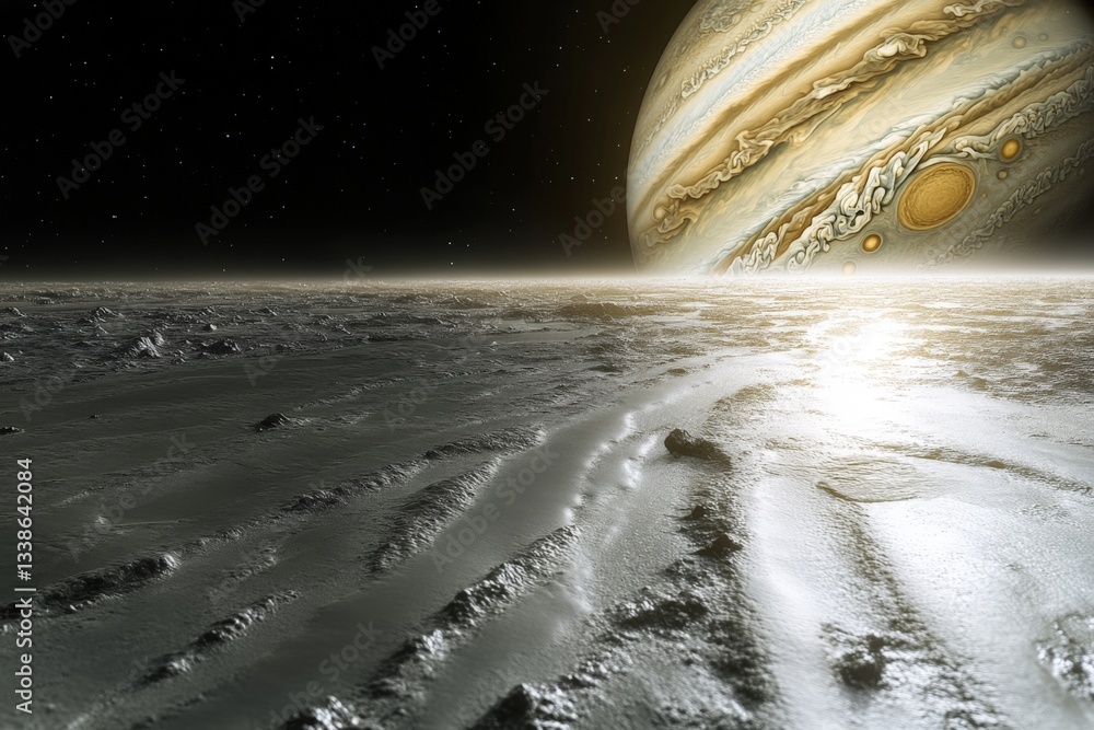 Poster Vast landscape with moon's surface featuring Jupiter in the background during a serene cosmic setting