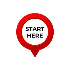 Red circular pointer with a white center displays start here text in bold black letters.