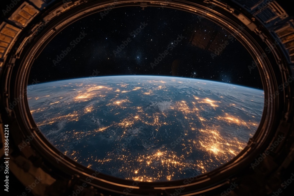 Poster view of earth illuminated at night from a spacecraft in low orbit above the planet