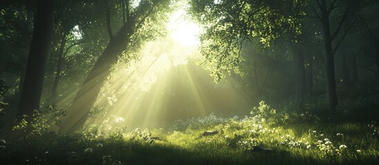 Obraz premium Realistic beautiful rays of sunlight in a green forest.