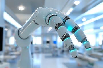 Advanced robotic arm used in a modern healthcare facility for precise surgical tasks
