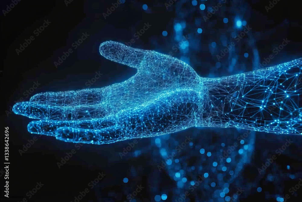 Leinwandbilder Digital representation of a hand reaching out with interconnected lines and dots against a dark background