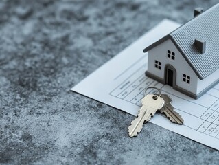A model house accompanied by keys and paperwork, symbolizing real estate transactions and homeownership.