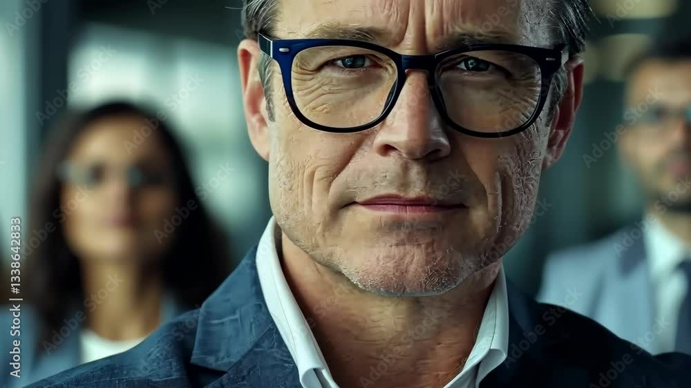 Aufkleber a focused business professional in glasses and a formal suit stands confidently in a modern office. 