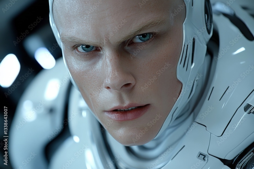 Poster futuristic humanoid figure in a sleek white suit showcasing advanced technology and artificial intel