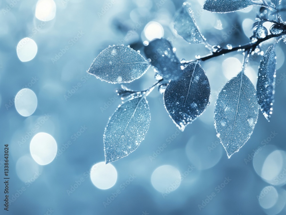 Poster enchanting winter scene of frosted leaves glistening with ice crystals against a soft bokeh backgrou