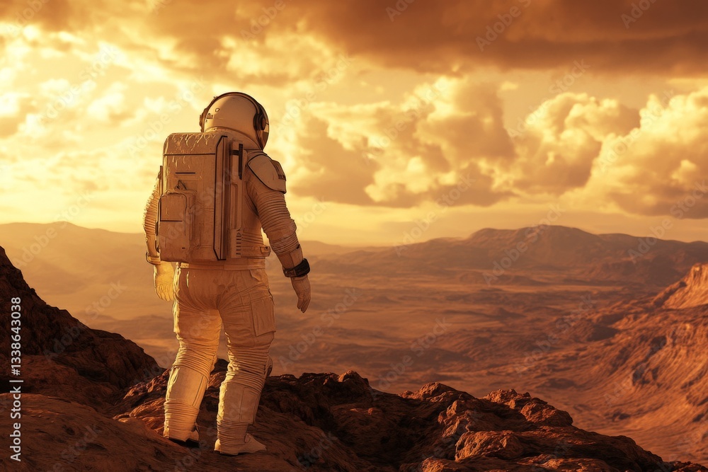 Poster astronaut explores alien landscape at sunset with dramatic clouds in the background