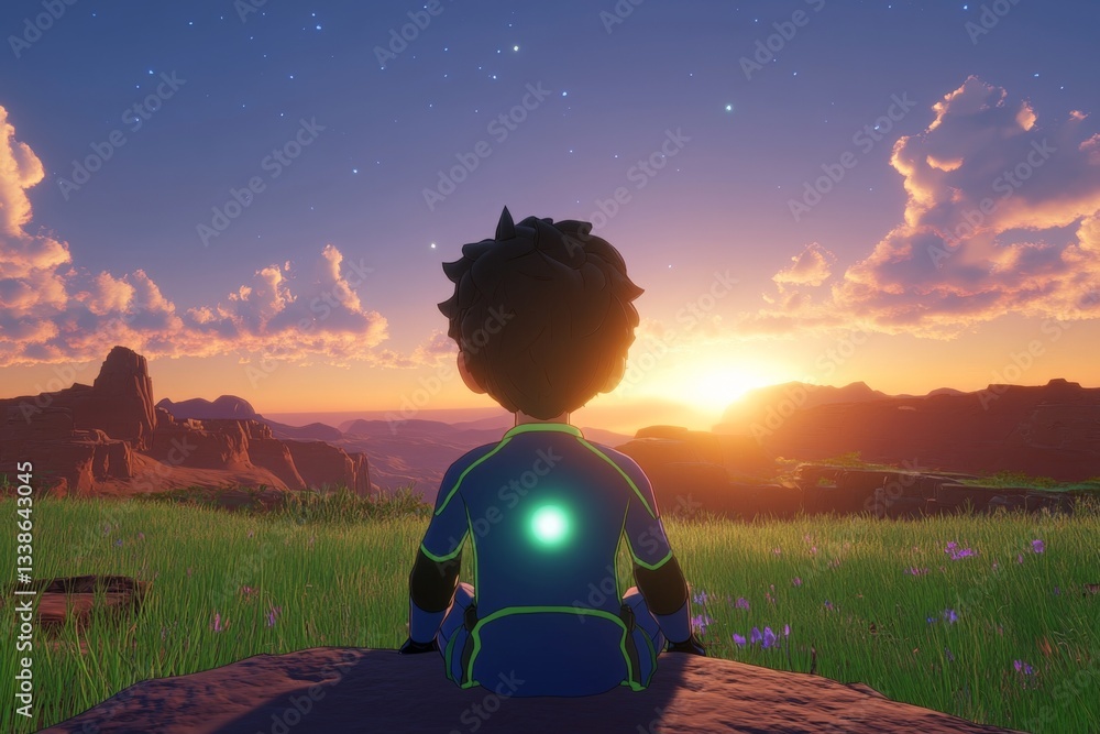 Poster Child enjoying a serene sunset view while seated on a rock in a vast landscape with colorful clouds and mountains in the distance