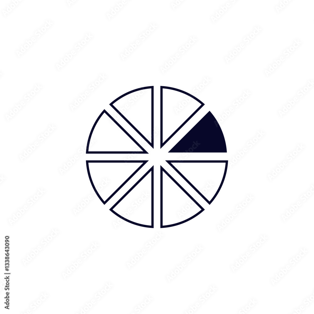 Poster circular icon with six equal segments, one segment is dark, creating a balanced geometric look.