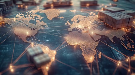 This intricate image showcases a illuminated world map with detailed cargo overlays, symbolizing global trade, connectivity, and the flow of commerce across continents.