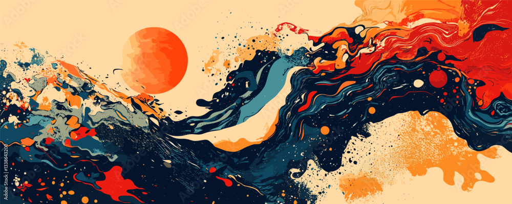 Poster abstract colorful waves and sunburst with dynamic patterns and vibrant colors.