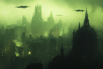 Fototapeta premium Dark futuristic cityscape with hovering vehicles at dusk showcasing an eerie atmosphere and towering buildings