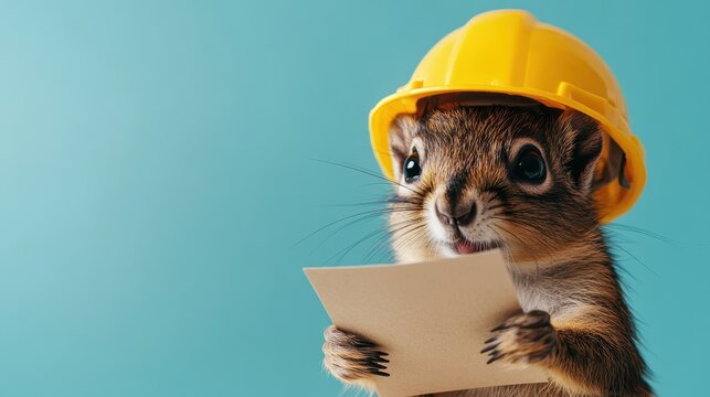 A cute squirrel dons a yellow hard hat as it holds a paper, reflecting a playful and whimsical take on construction themes, making for a delightful and endearing image.