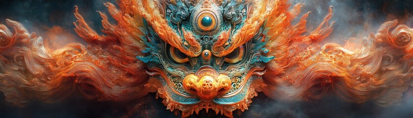 a detailed close-up of a colorful dragon's head with an intimidating expression