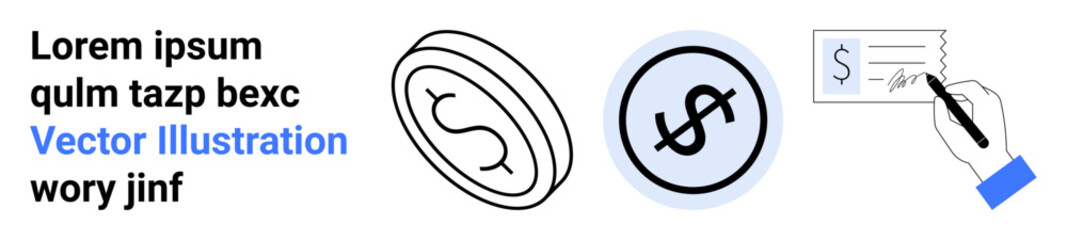 Dollar coin outline, dollar badge with blue outline, and hand writing on a check. Ideal for banking, money management, finance, payment methods, business transactions, accounting simple landing page