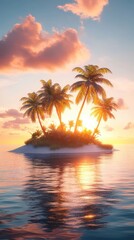 Serene Tropical Island at Sunset with Palm Trees and Calm Waters