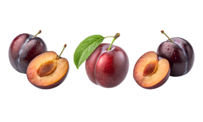 Plum fruits set, Fresh plums fruit isolated