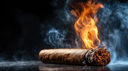 An intense image of a burning cigar, with dramatic flames emerging from the tip, surrounded by a swirling fog of smoke that adds to the captivating atmosphere.