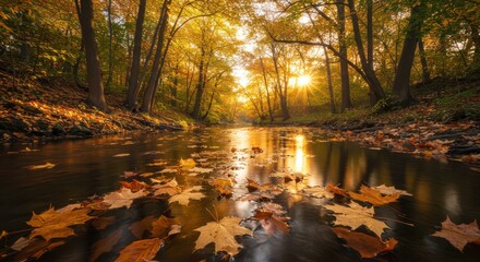 Obraz premium Autumn Leaves Floating in River Reflecting Sunset Light Through Trees