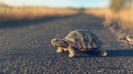 Obraz premium Turtle walking on asphalt road in field