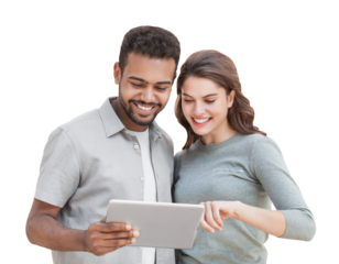 Beautiful happy young couple using digital tablet isolated transparent PNG. Joyful smiling woman and man looking at tablet. Love, travel, tourism, students lifestyle concept