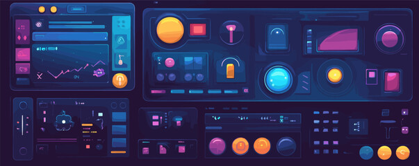 Obraz premium Futuristic control panel interface with digital screens, buttons, and graphs in blue and purple tones.