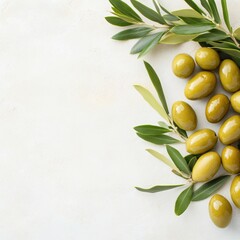 Benefits of Olives. Fresh olives with green leaves on a light textured background.