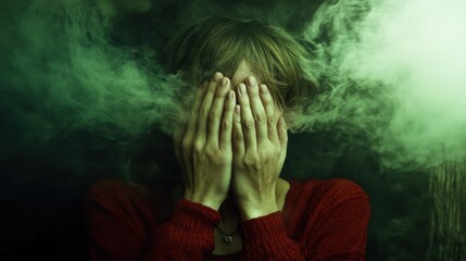 A striking portrayal of a woman obscured in green mist, capturing the deep emotions of concealment, vulnerability, and the enigmatic nature of human experience in a haunting atmosphere.