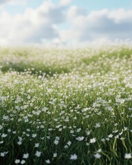 Serene Meadow Filled with Delicate White Flowers Under Blue Sky