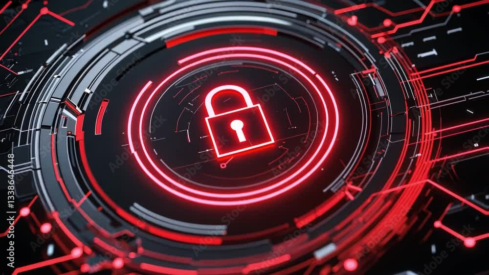 Poster futuristic digital security concept with glowing red lock symbol on abstract circuit background repr