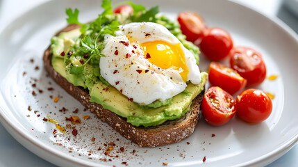 Healthy Avocado Toast with Poached Egg and Cherry Tomatoes: A Colorful Breakfast for Food Lovers and Egg Enthusiasts