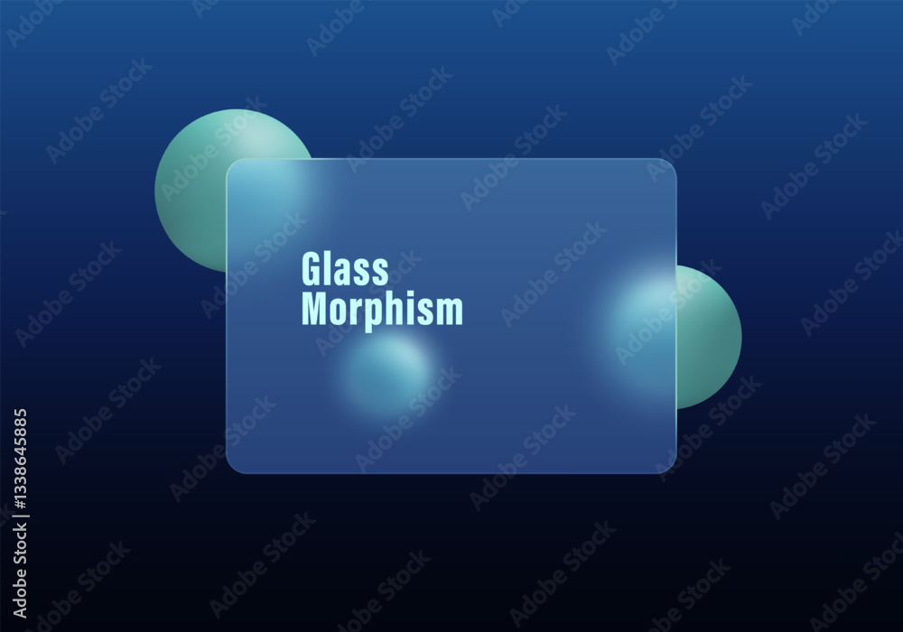 Poster background glass morphism with frosted glass partition and floating spheres on dark background.