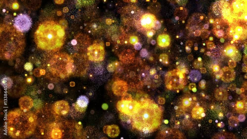 Poster loop glow orange spark bomb particles fire animation on black abstract background. 4k 3d animation o