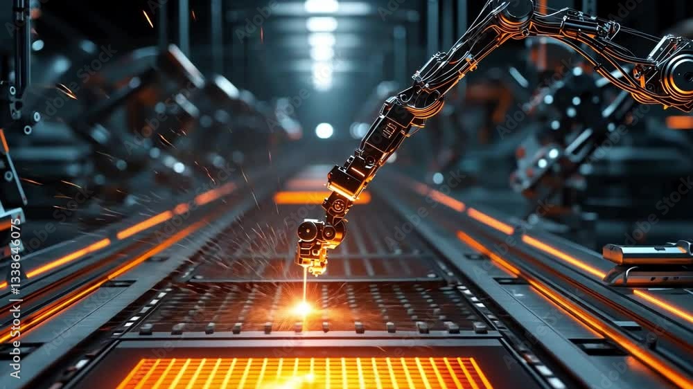 Poster advanced robotic arm engaging with computer circuitry in futuristic factory setting with high-tech m