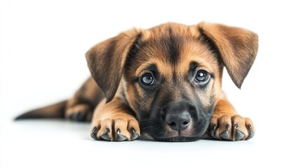 Obraz premium Adorable puppy lying down against white background. Stock photo of a cute dog