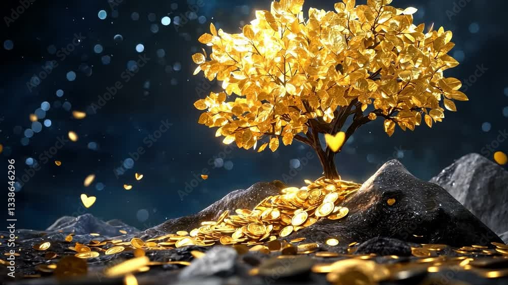 Poster glowing golden tree surrounded by shimmering coins on dark background with soft lights creating magi