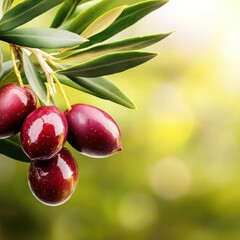 Benefits of Olives. Ripe olives hanging from a branch with soft green background.