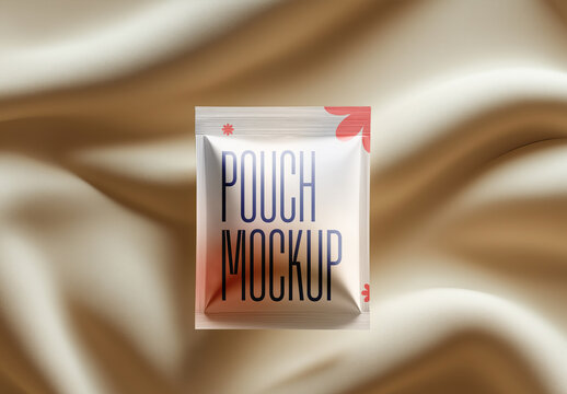 Sealed Pouch Packaging Mockup &ndash; Front View on Satin Fabric for Cosmetic or Food Branding