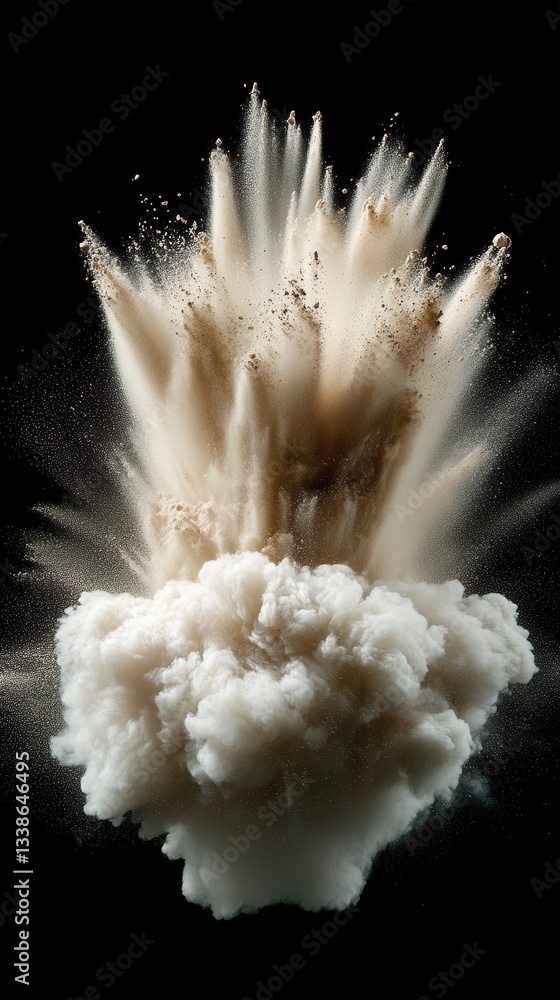 Poster dramatic sand explosion against black backdrop capturing movement texture and dynamic energy in stud