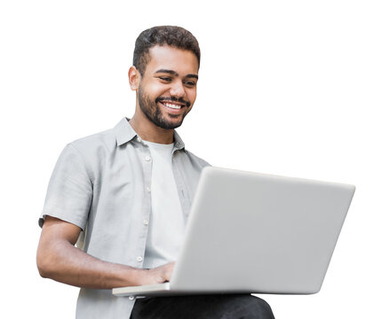 Portrait of handsome smiling young man with laptop computer isolated transparent PNG, Joyful cheerful casual businessman looking at laptop