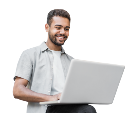 Portrait of handsome smiling young man with laptop computer isolated transparent PNG, Joyful cheerful casual businessman looking at laptop