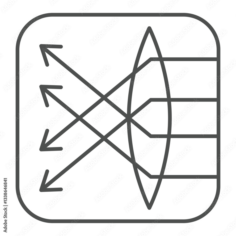 Poster ray paths in convex lens thin line icon, optical equipment concept. vector graphics. focus, lens and